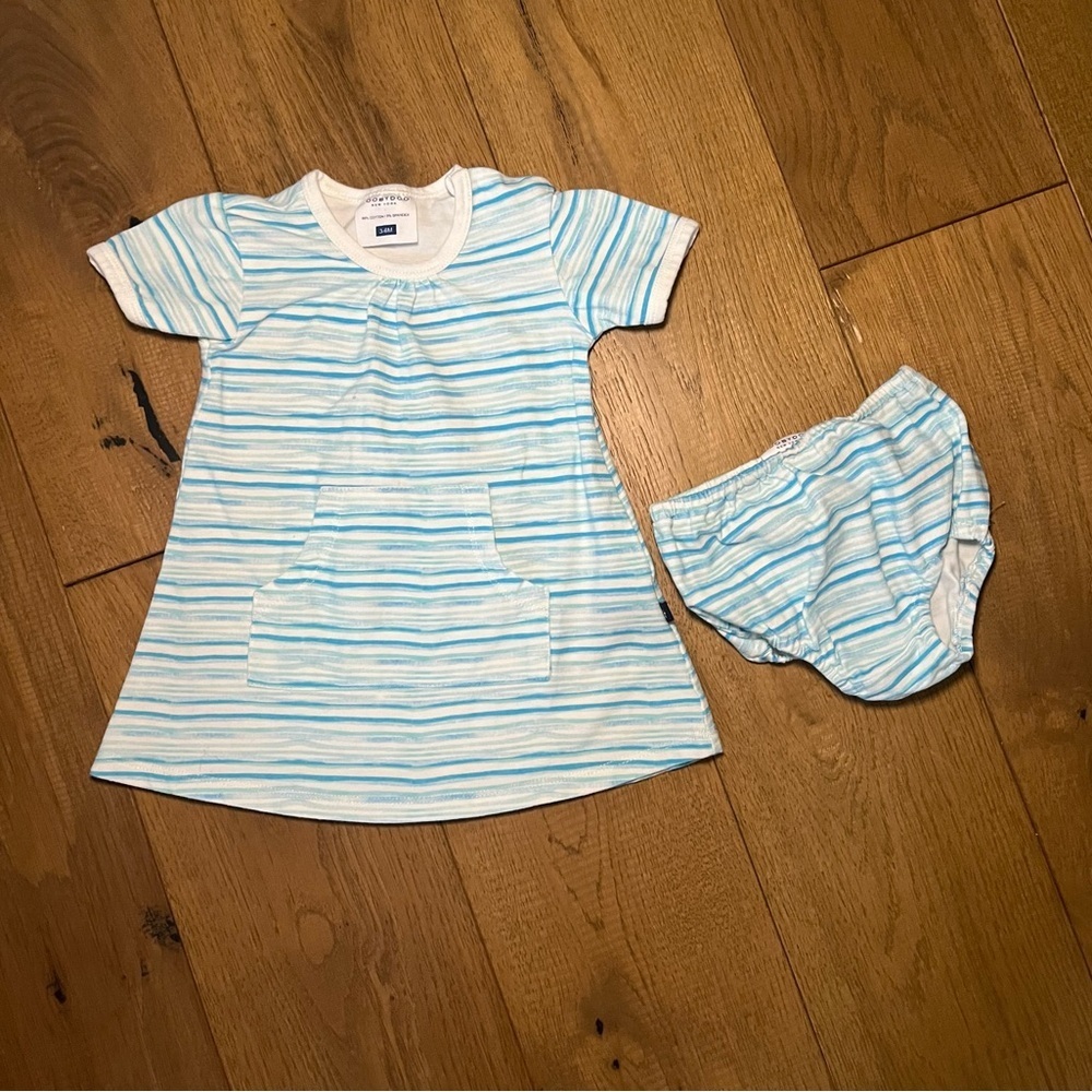 Toobydoo Cotton Dress Size 3-6 months Girls Blue and White Striped with Bloomers